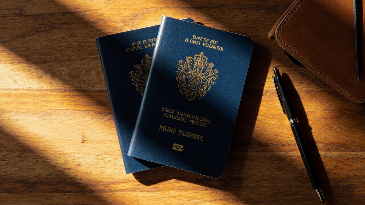 Overhead flat-lay of two closed blue-cover Australian passports side by side on a warm timber desk