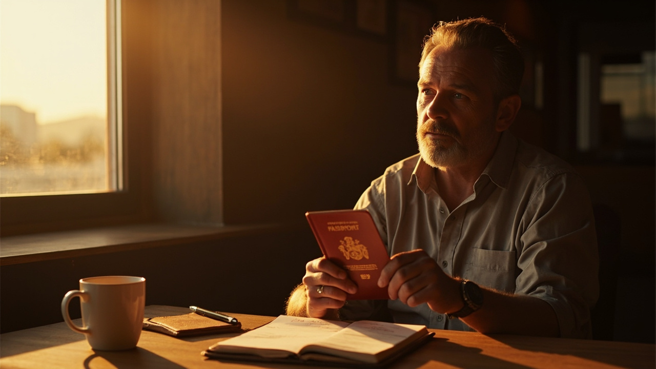 Australian traveller in their mid 30s holding a red-cover Emergency Passport on a warm timber desk while preparing for an urgent Cambodia trip