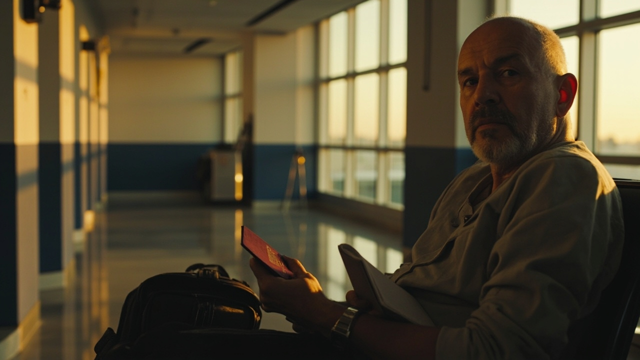 Australian traveller in soft three-quarter profile waiting in a calm secondary review area, holding a red-cover passport