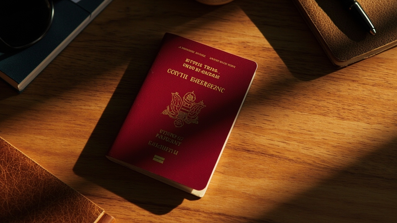 Overhead flat-lay of a closed deep-red emergency-style passport on a warm timber desk with soft natural light