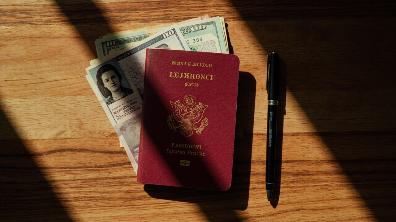 Overhead flat-lay of a red-cover passport, two passport-style photos and cash USD notes on a warm timber counter