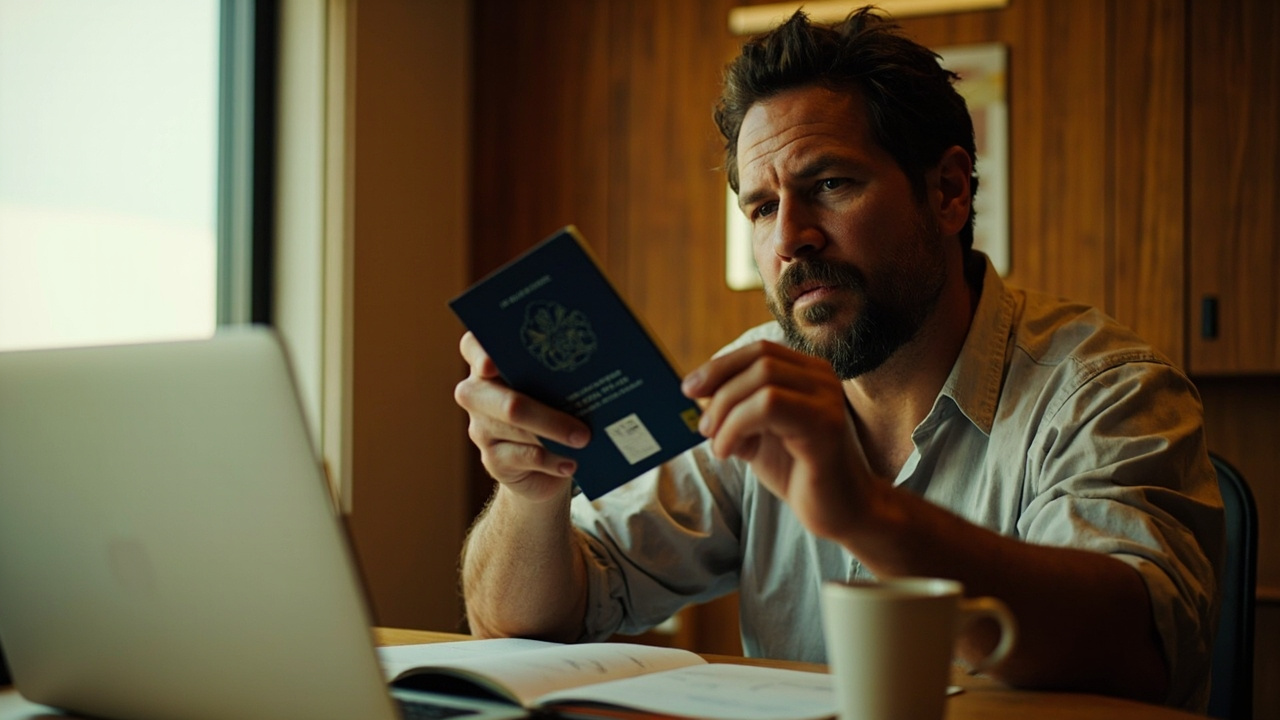 Australian traveller in their mid-30s inspecting the worn cover of their Australian passport at a warm timber desk, weighing whether to renew before a Cambodia trip
