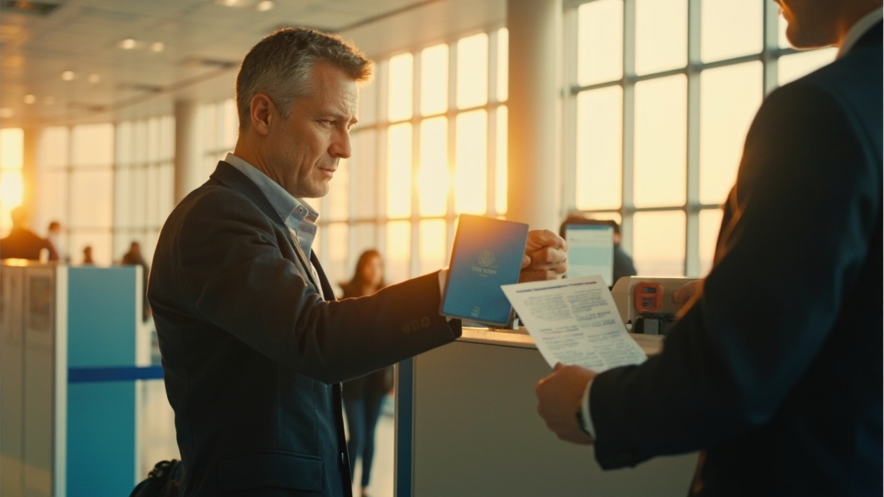 Australian traveller handing a blue-cover passport across a plain immigration-style counter, soft warm terminal light