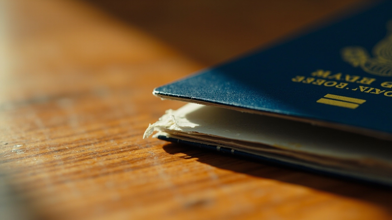 Macro detail of a chewed bottom corner on a blue-cover passport resting on a warm timber surface