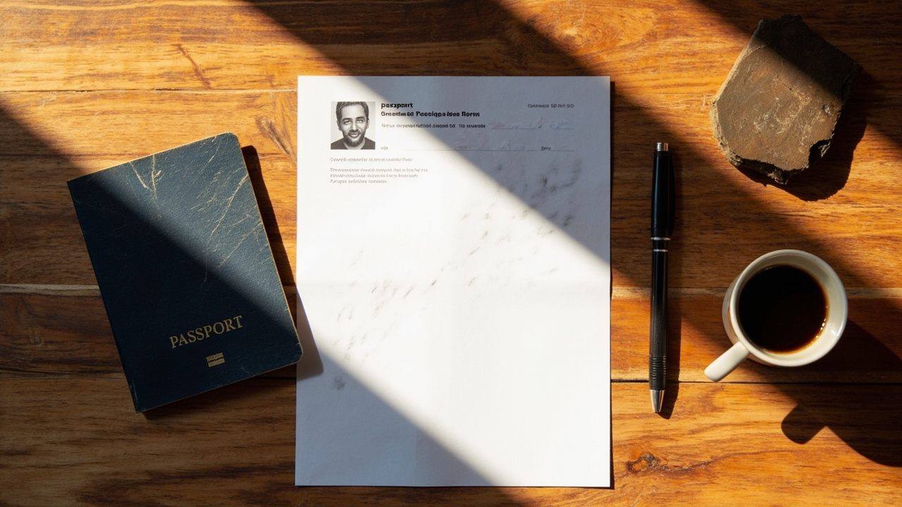 Overhead flat-lay of a worn blue-cover passport beside a blank renewal form and a fresh passport photo on a warm timber desk