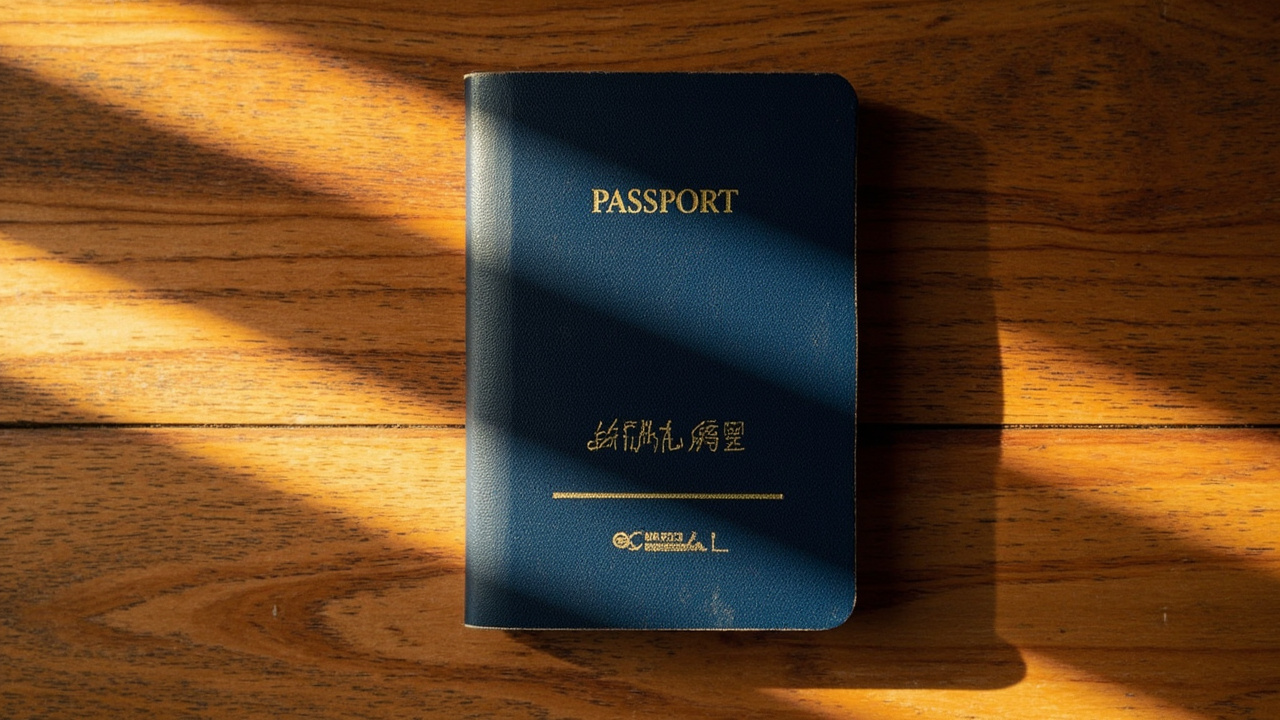 Overhead flat-lay of a blue-cover passport with a visible water tide line across the cover on a warm timber desk