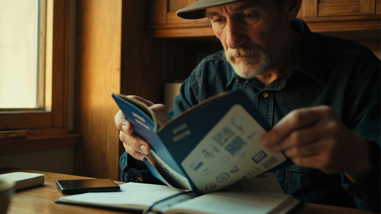 Australian traveller in their late 30s flipping through a heavily stamped Australian passport on a warm timber desk, counting remaining blank pages before a Cambodia trip