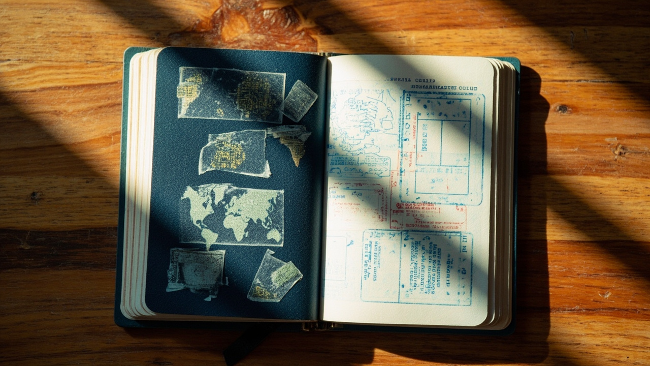 Overhead flat-lay of a heavily stamped blue-cover passport spread with only one blank page remaining on the right side