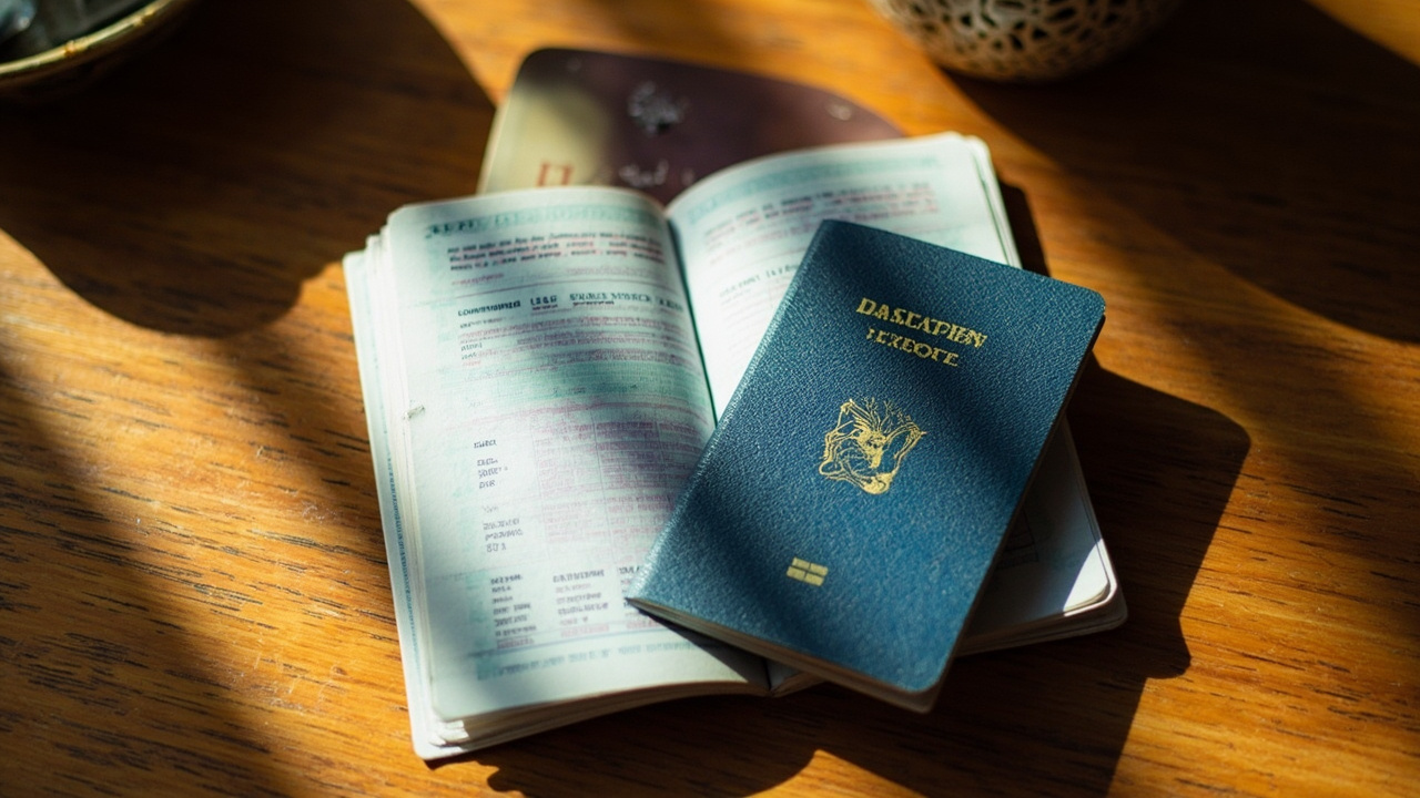 Overhead flat-lay of a fresh blue-cover passport opened to clean unmarked visa-section pages on a warm timber desk