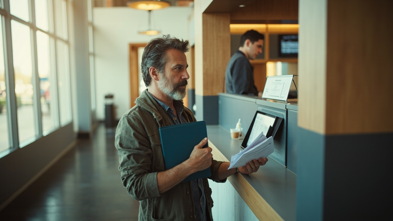Australian traveller at a generic passport-office-style counter handing over an old blue-cover passport and a renewal form