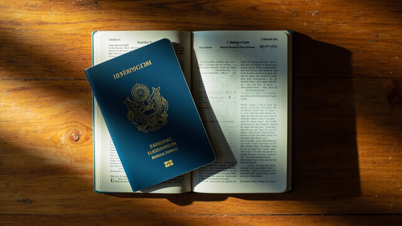 Overhead flat-lay of two blue-cover passports opened side by side, one to a visa-section spread and the other to an endorsements section spread