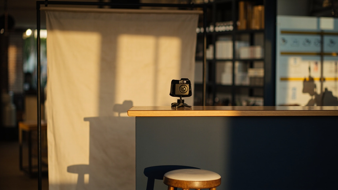 Quiet Australian chemist passport-photo counter with a soft-focus camera on a stand at neutral warm light