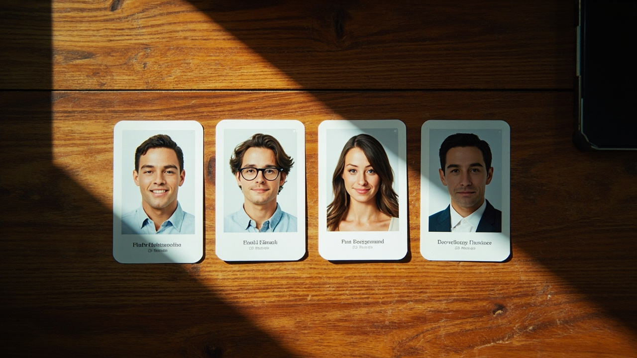 Overhead flat-lay of four small passport-style photo cards on a warm wooden desk, one correct and three with subtle issues