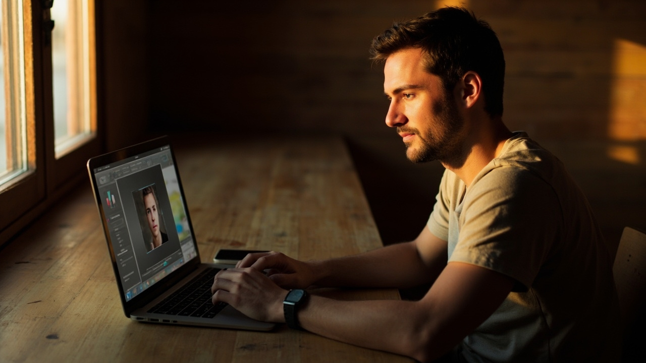 Australian traveller cropping a passport-style photo on a laptop in a generic photo editor with soft, unbranded UI