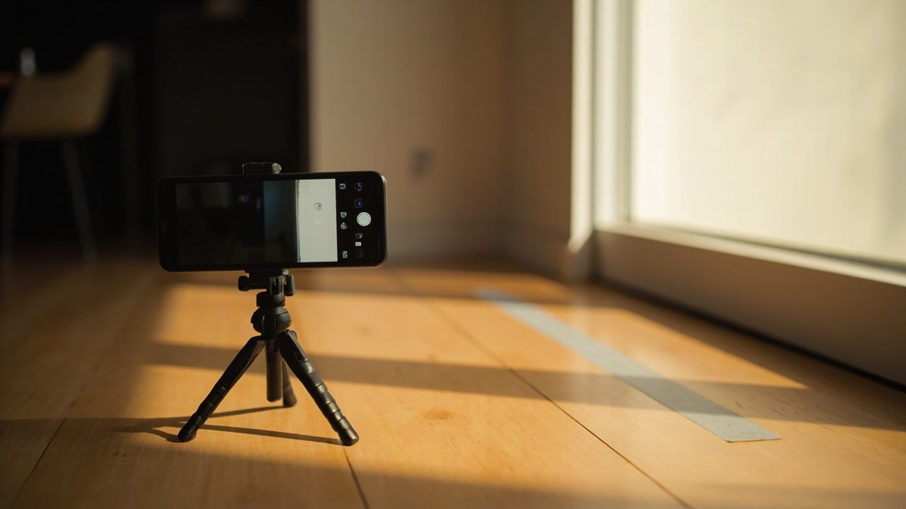 Smartphone on a small tripod near a sunlit window pointed at a plain white wall with a marked floor spot at 1.5 metres distance