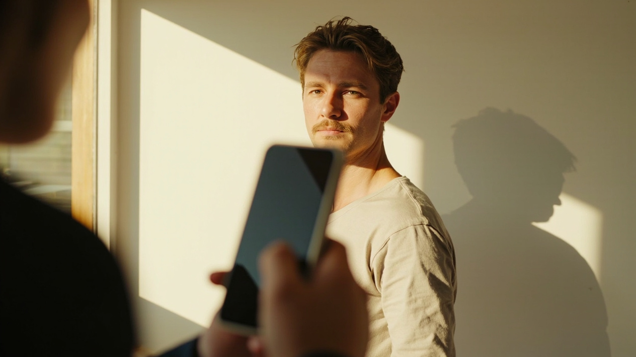 Australian traveller in their 30s standing against a plain white wall in a sunlit Aussie home being photographed by a partner just out of frame