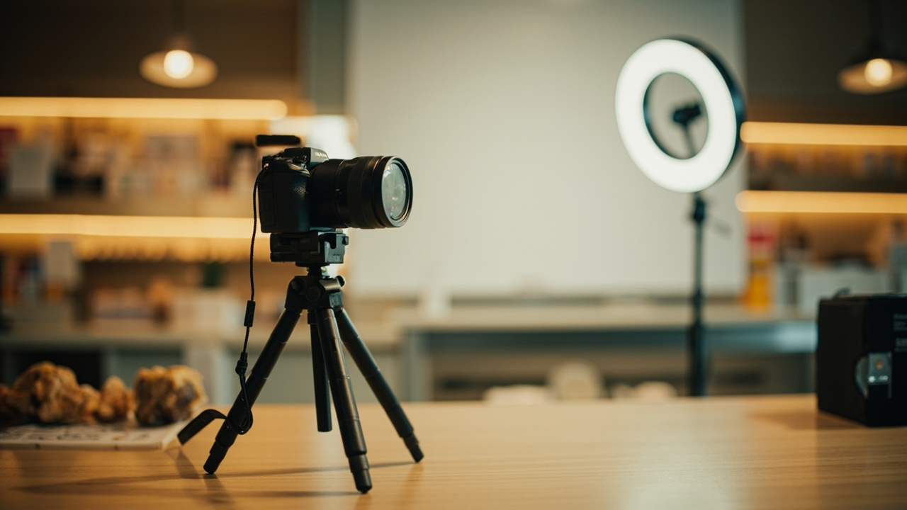 Generic small photo-camera setup at an Aussie chemist counter with a white background screen visible in soft focus