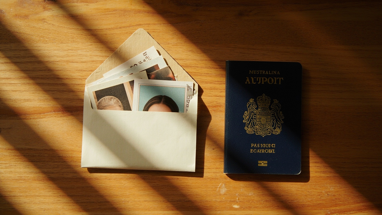 Overhead flat-lay of a small set of passport-style printed photos in a paper sleeve beside a closed Australian passport on a warm wooden desk