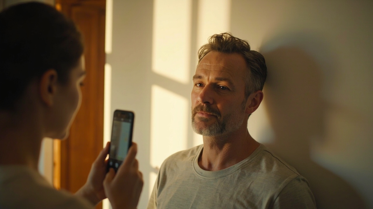 Australian traveller standing against a plain white wall in a sunlit home being photographed by their partner on a phone, neutral expression, soft daylight