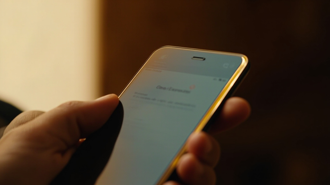 Close-up of a generic smartphone in hand showing a soft settings-panel interface with a file-format toggle, warm natural light