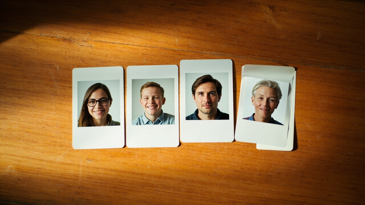 Overhead flat-lay of four small passport-style photo cards on a warm wooden desk, one clearly compliant and three with subtle issues