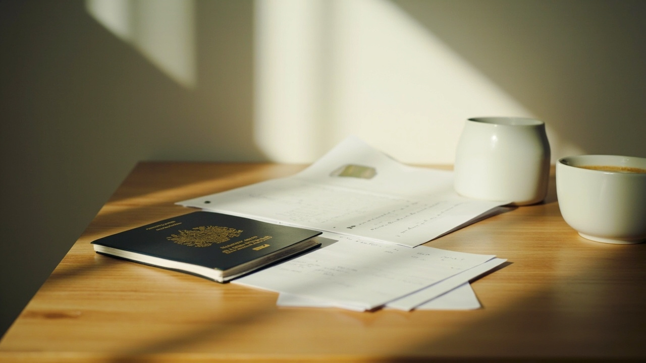 Neutral indoor preparation for a passport photo at a warm timber desk, closed Australian passport and printed checklist in soft window light
