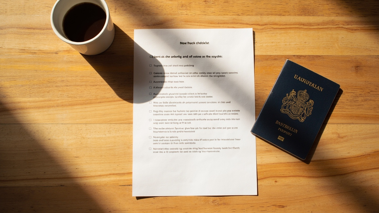 Overhead flat-lay of a printed checklist of photo specification points sitting on a warm timber desk beside a closed Australian passport, text not legible