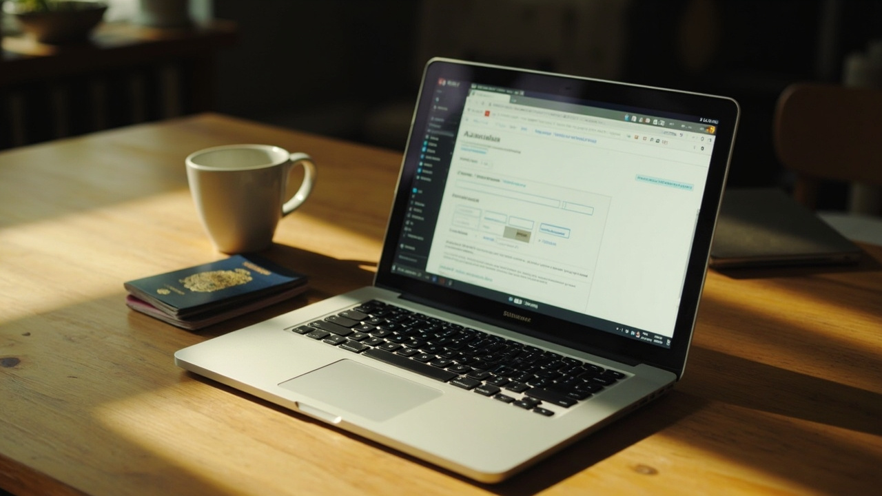 Generic unbranded laptop open on a warm timber desk in soft daylight showing a soft-focus web form, on-screen text not legible