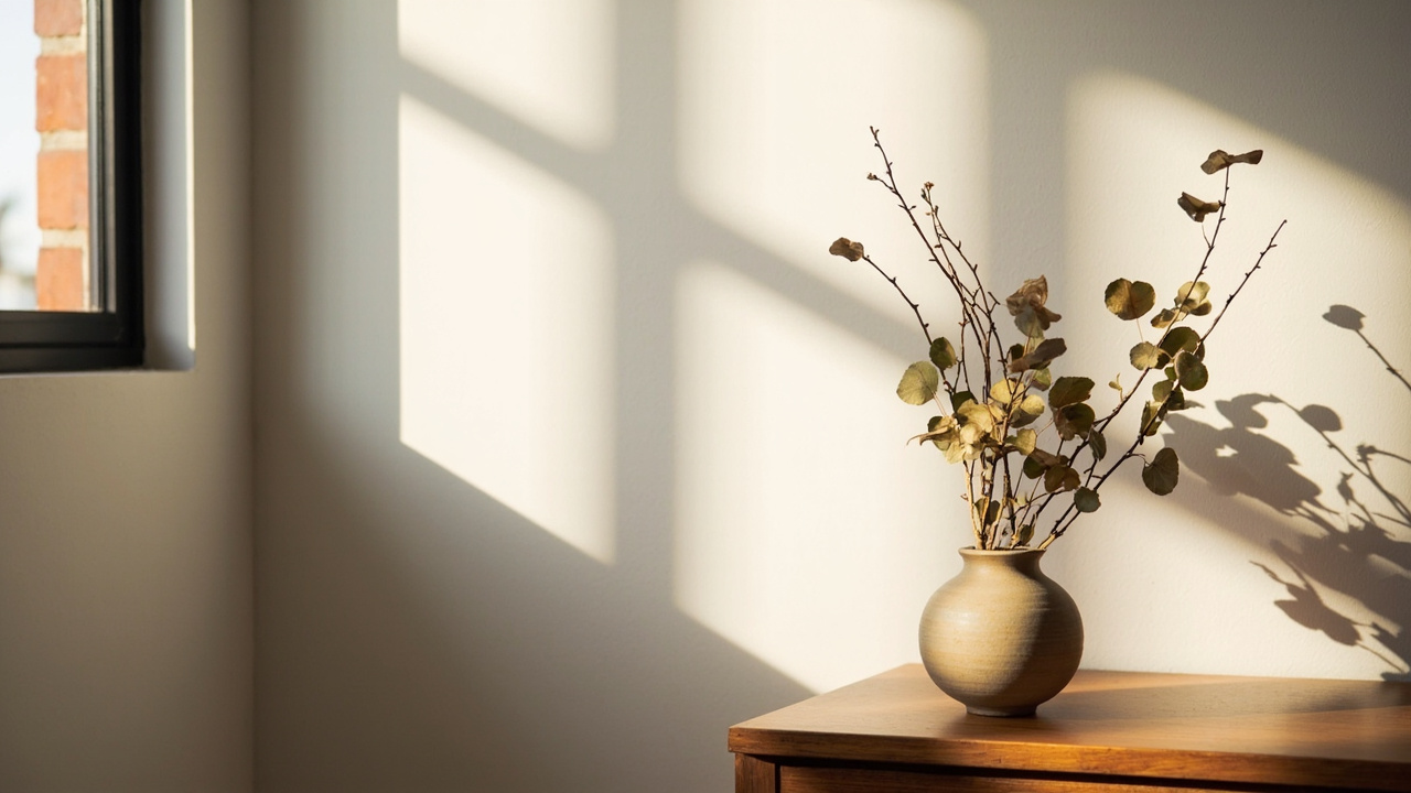 Quiet corner of an Australian home with a single ceramic vase on a warm timber side table in soft window light — no people or signage