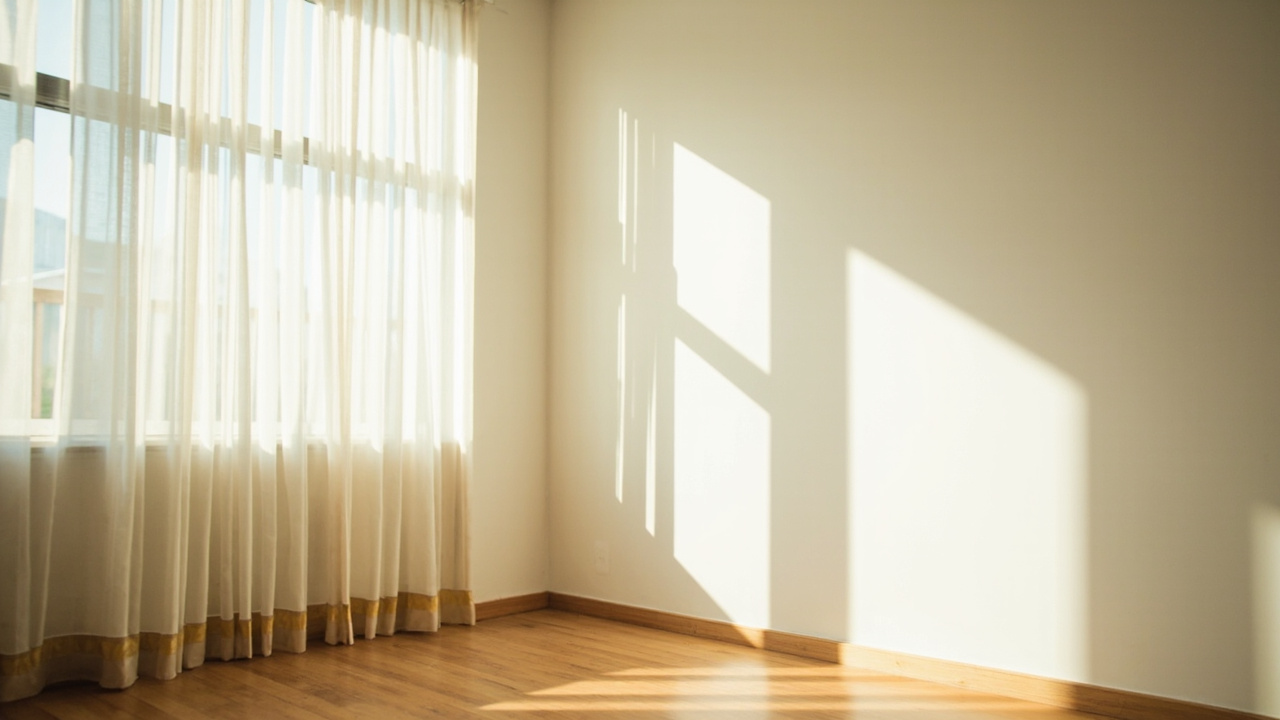 Plain matte white interior wall in an Australian home receiving soft diffused daylight from a sheer-curtained window — no people in frame