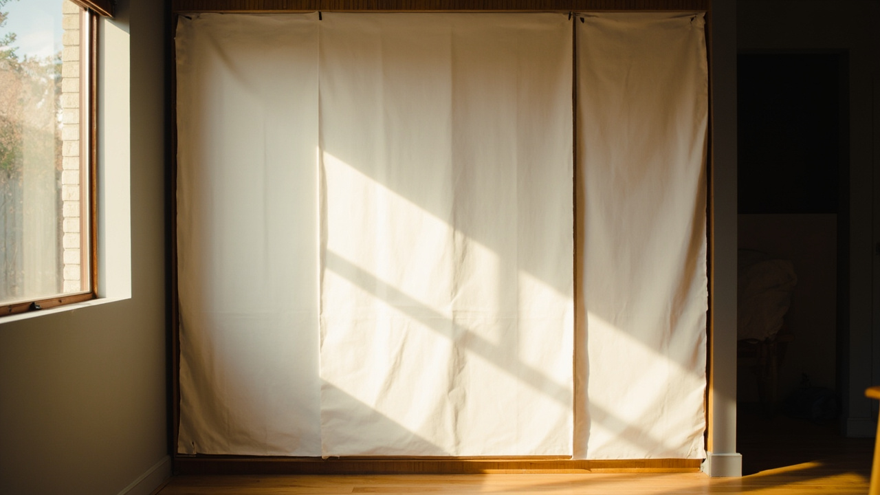 Plain flat white bedsheet draped taut over a wooden wardrobe door in a sunlit Aussie bedroom, used as a clean passport-photo background
