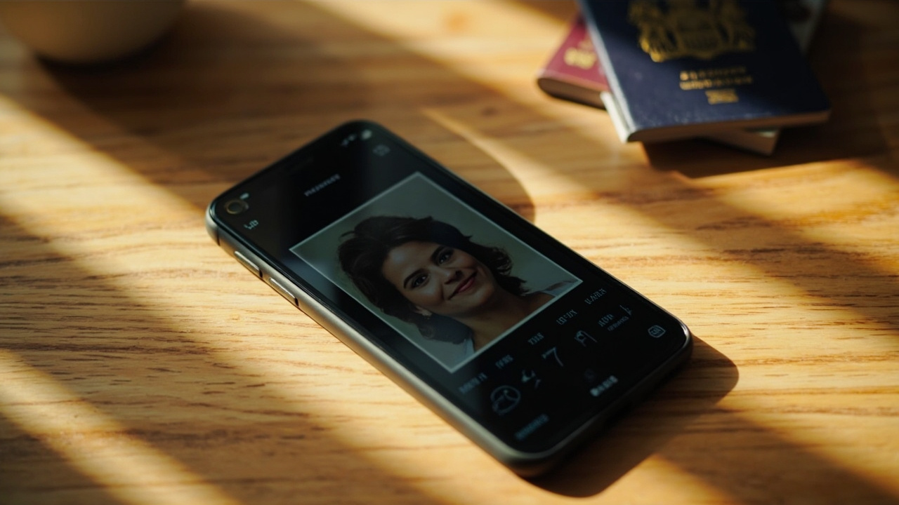 Overhead close-up of a smartphone on a warm timber desk showing the soft-focus crop interface of a generic photos app with a square aspect-ratio crop, on-screen text not legible