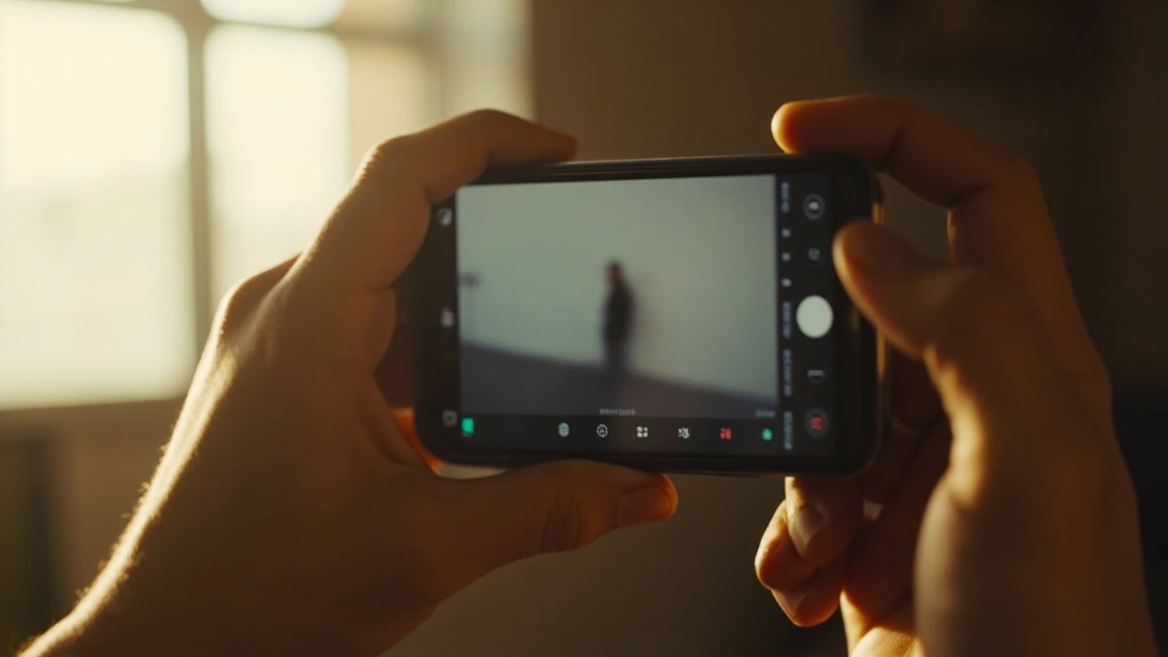 Close-up of a generic unbranded smartphone in landscape orientation in someone's hand, camera app open in default Photo mode with on-screen text not legible