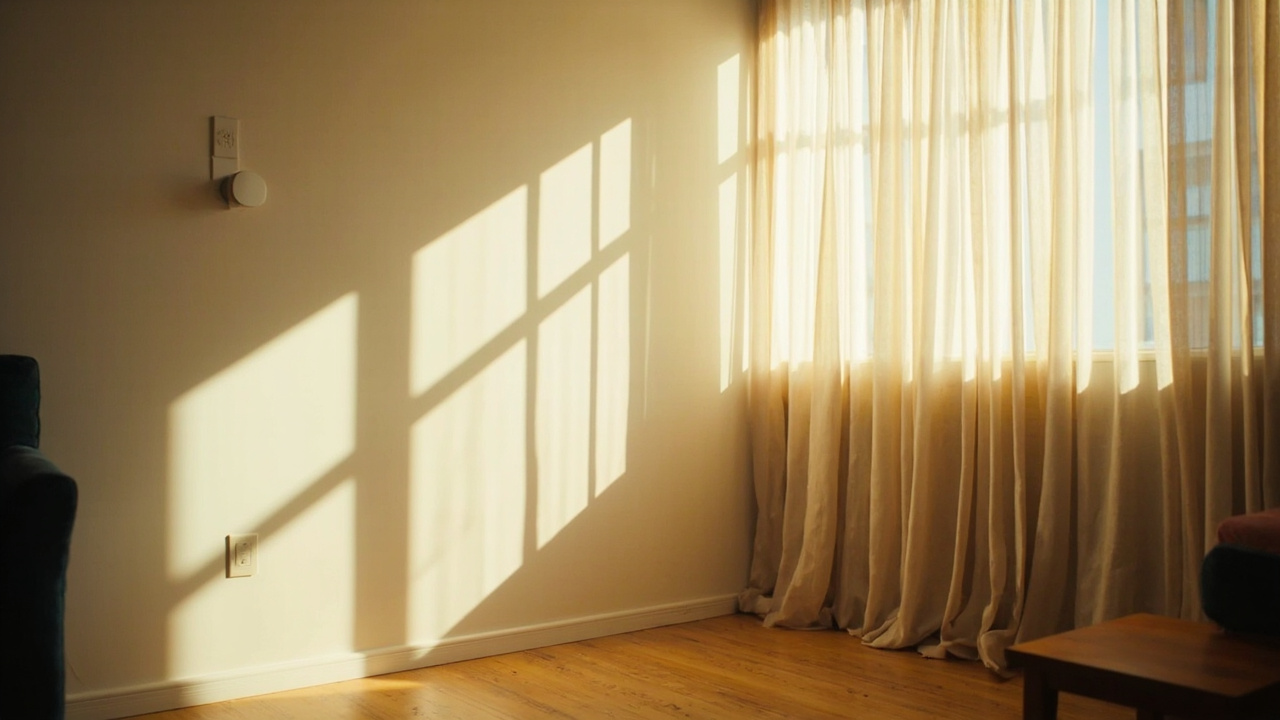 Soft daylight pouring through a large north-facing window in an Australian living room, sheer net curtain diffusing the light onto a plain white wall