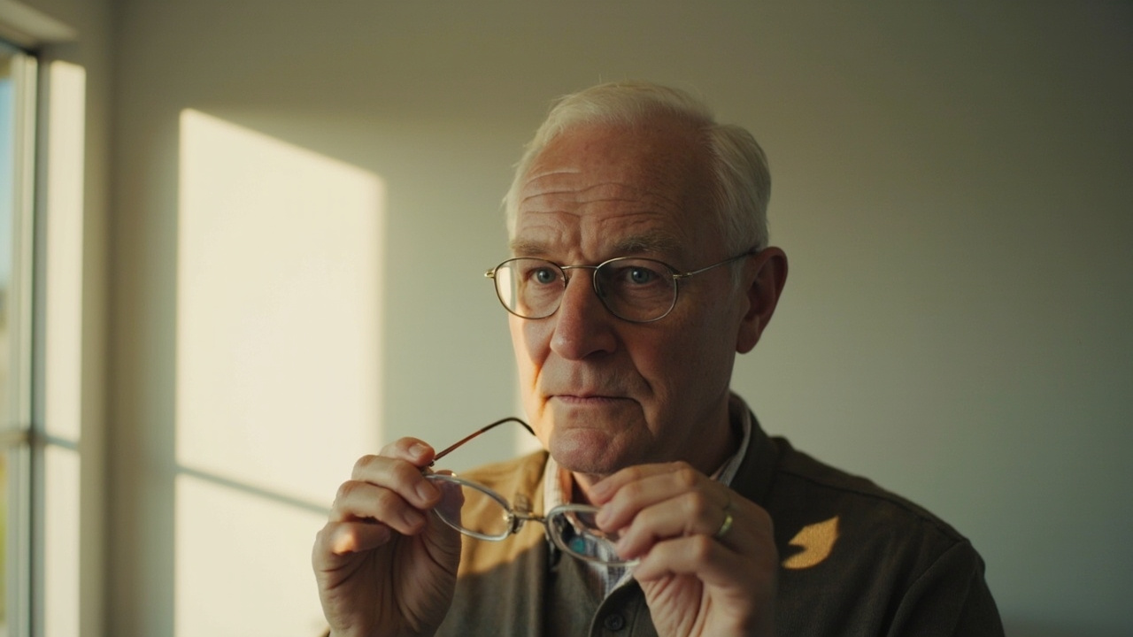 Australian traveller in their 40s removing thin-framed prescription glasses just before a passport photo against a plain white wall in soft daylight