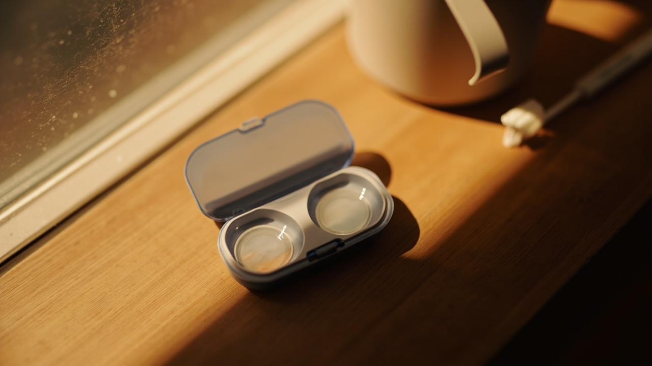 Overhead close-up of a small unbranded contact-lens case open on a warm timber bathroom shelf in soft morning light