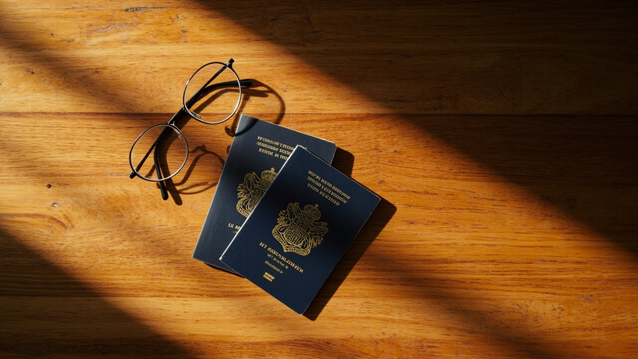 Overhead flat-lay of a folded pair of thin clear-lensed prescription glasses set down on a warm timber desk beside a closed Australian passport