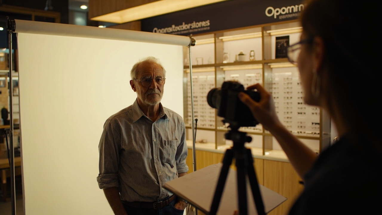 Australian customer at a generic optometrist passport-photo counter against a plain white screen, no specific eyewear branding visible