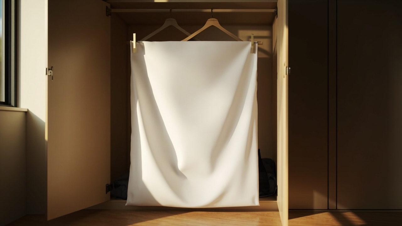 Clean white cotton bedsheet hung flat over a wardrobe rail using two coat hangers and pegs as a passport-photo backdrop in soft Aussie morning light