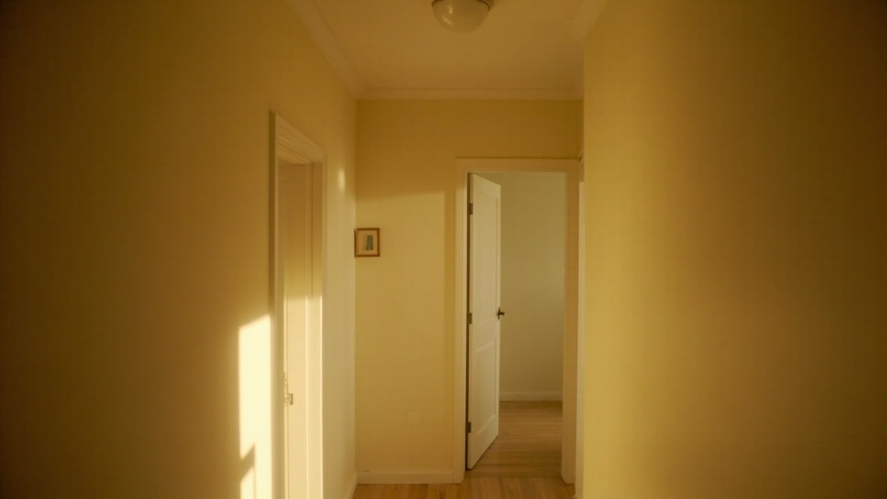 Wide interior view of a typical Australian hallway with warm magnolia beige walls and a visible white door frame in the corner, the kind of background that fails the eVisa validator
