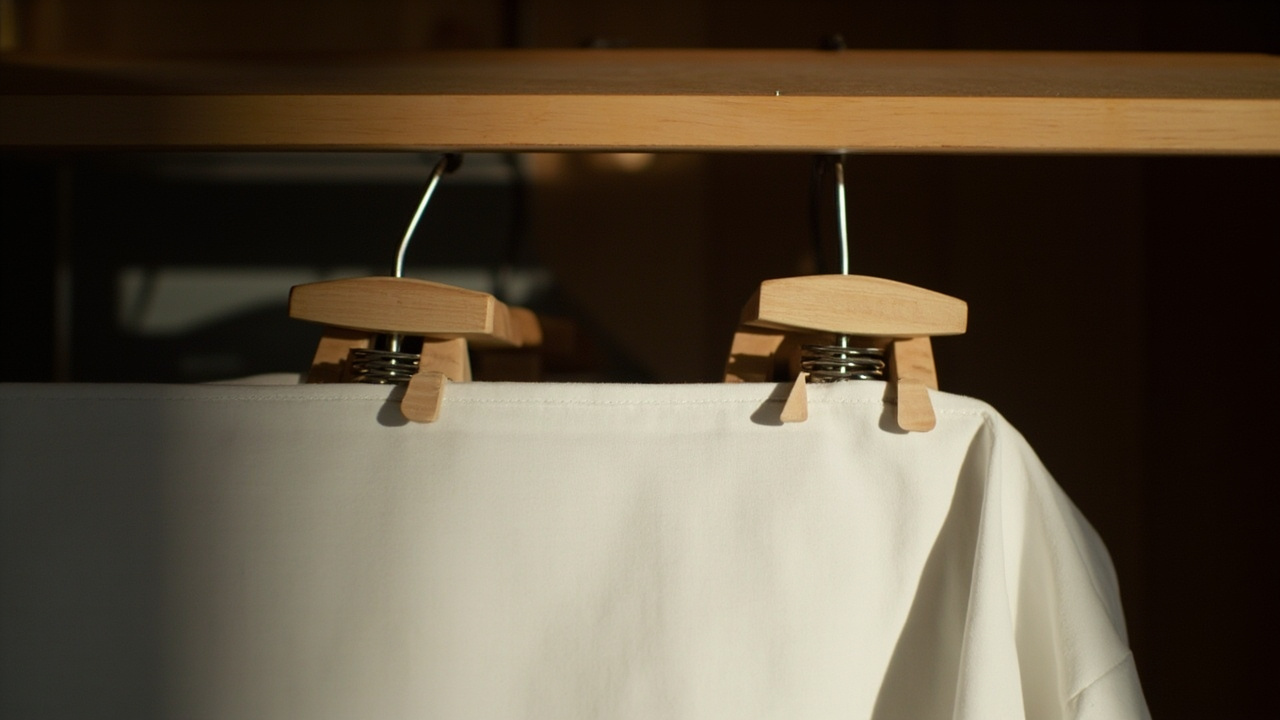 Close-up of two wooden coat hangers on a wardrobe rail with small wooden pegs clipping a white cotton bedsheet taut along its top edge