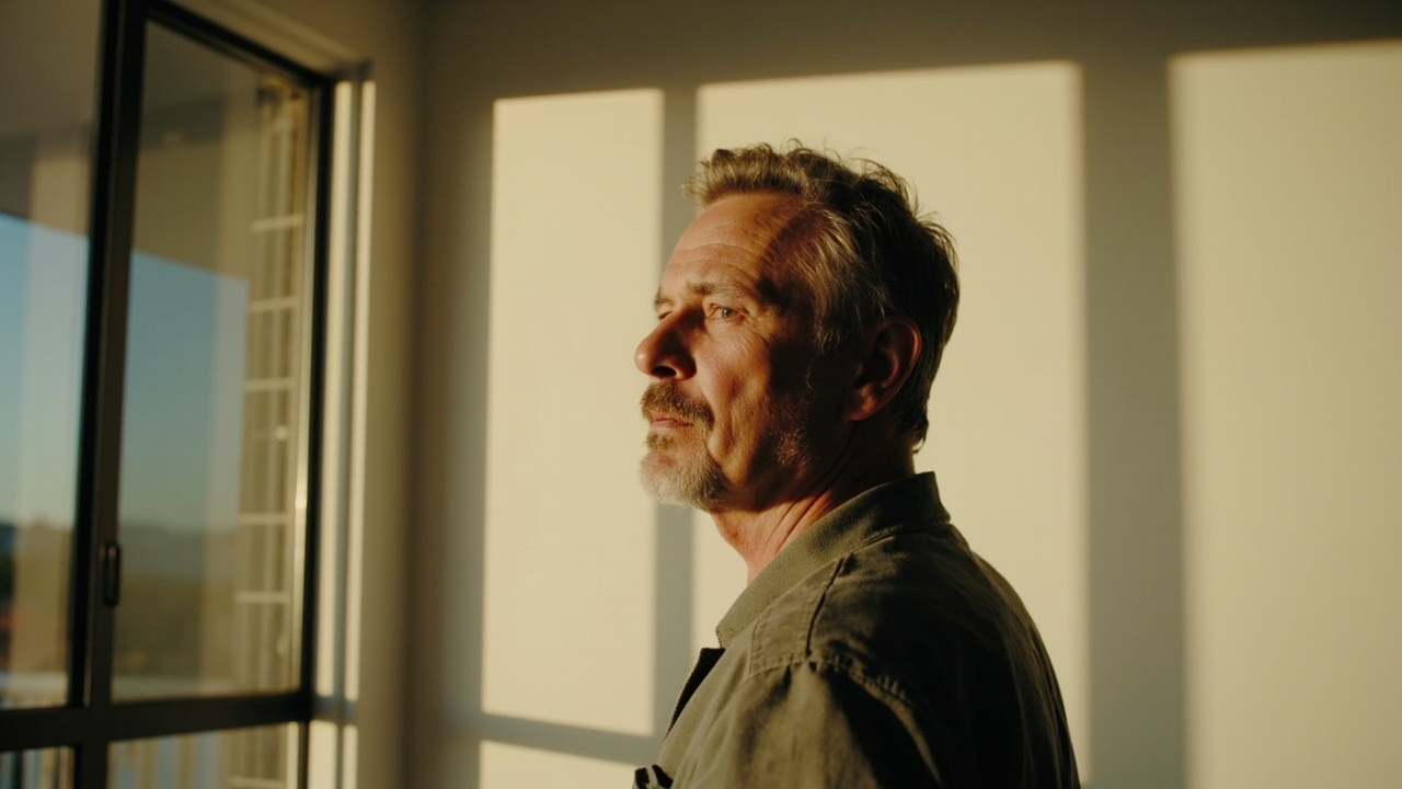 Diagram-style editorial shot showing a person standing close to a white wall with side window light pushing the head shadow horizontally out of the photo frame