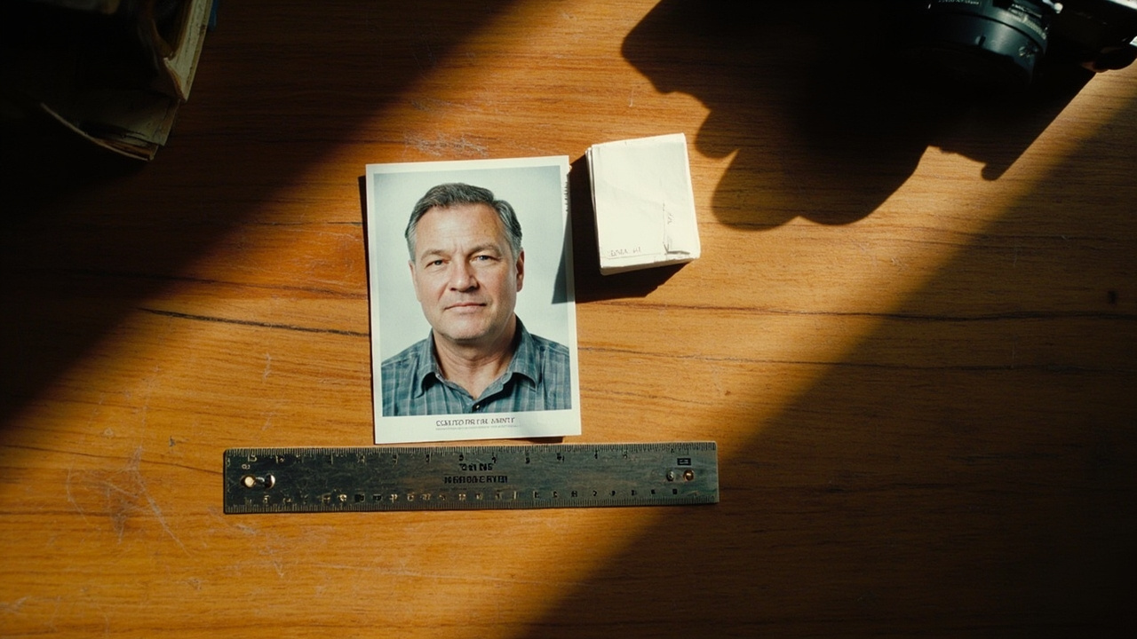 Overhead flat-lay of a printed passport-style photo beside a small steel ruler showing the 35mm by 45mm dimensions on a warm timber desk