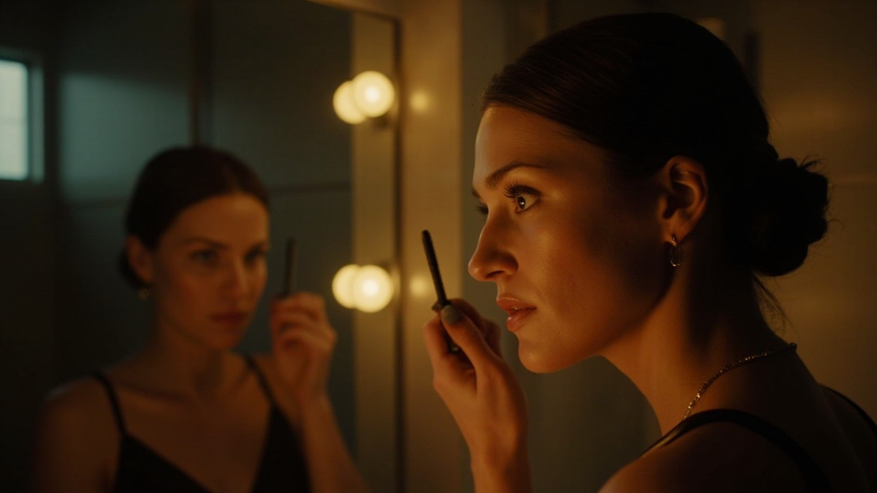 Australian woman in her 30s applying light everyday makeup at a soft-lit mirror before her Cambodia eVisa photo, neutral lipstick and small stud earring visible