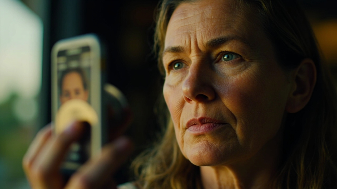 Australian applicant holding a small unbreakable compact mirror beside a generic smartphone screen showing a portrait passport-style photo in soft focus