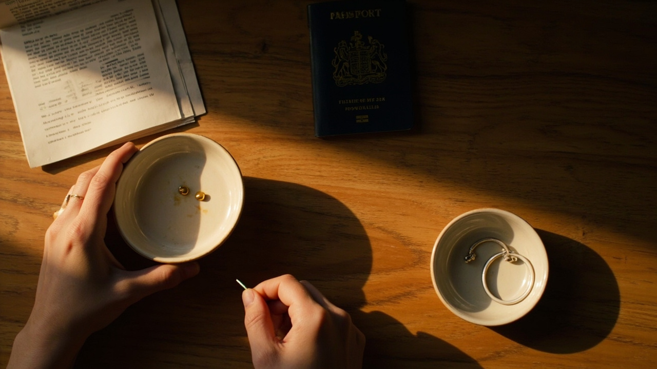 Overhead view of a warm timber dresser showing a small pair of stud earrings being chosen instead of large hoop earrings beside an Australian passport