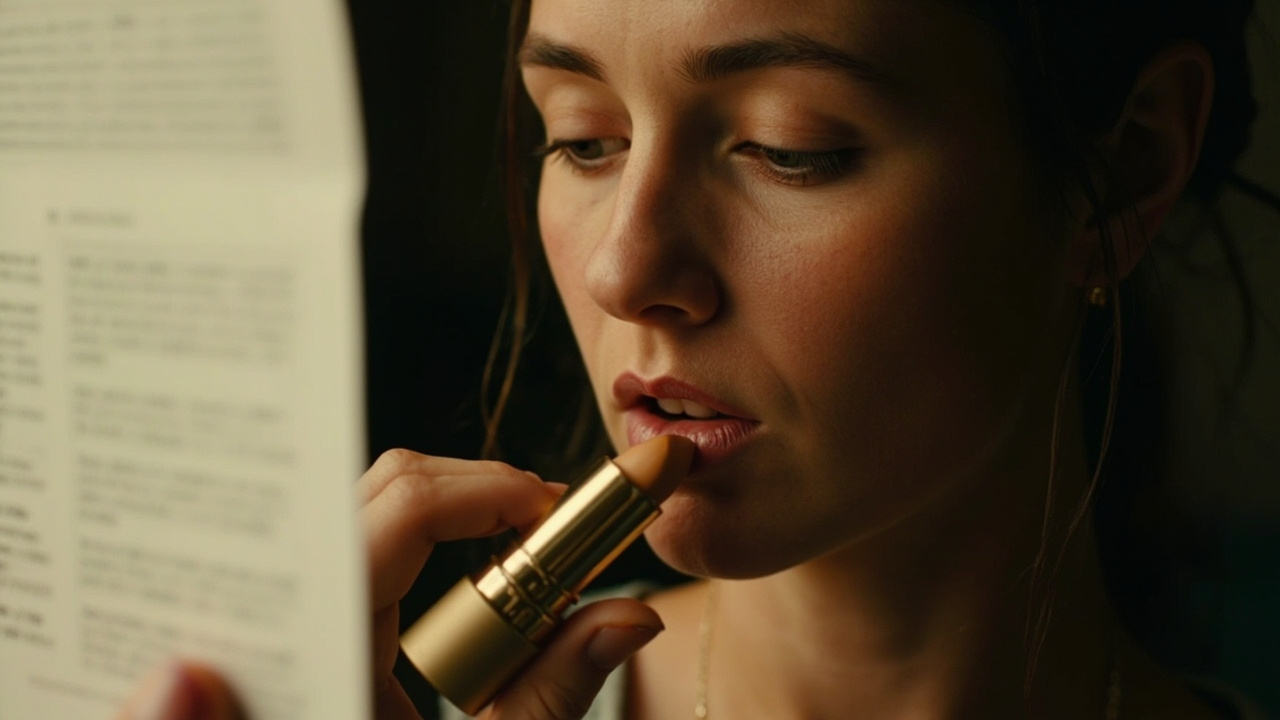 Close-up of an Australian applicant applying neutral peach lipstick in soft window light before a passport-style photo shoot