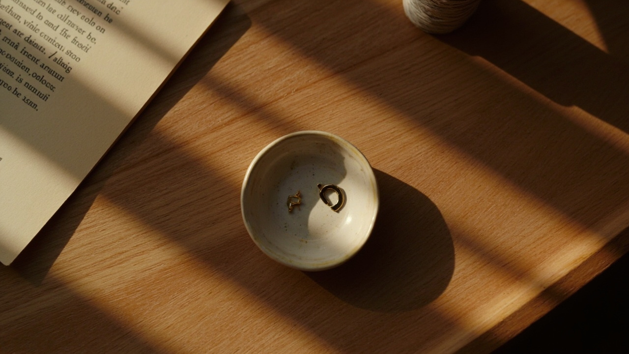 Overhead flat-lay of a small ceramic dish holding a pair of small gold stud earrings, a flat septum retainer, and a small spool of cotton thread on a warm timber Aussie dresser