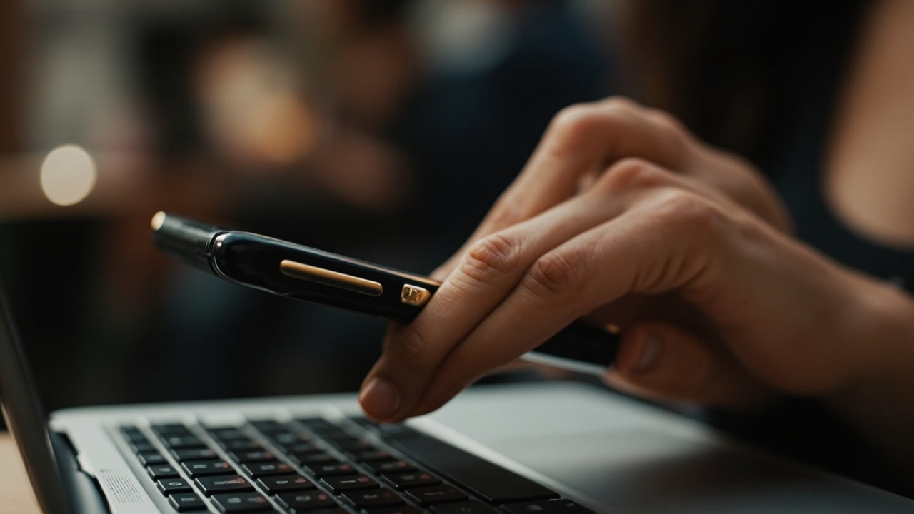 Close-up of Australian hands holding a smartphone over a soft-focus laptop screen for a tap-to-pay style payment