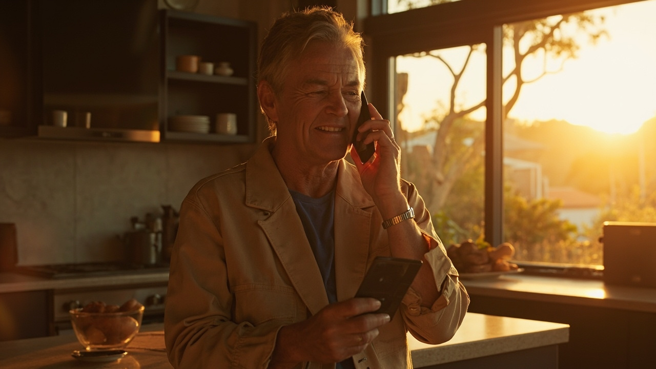 Australian traveller in their 40s on a phone call in a sunlit Sydney kitchen, calmly holding a generic credit card